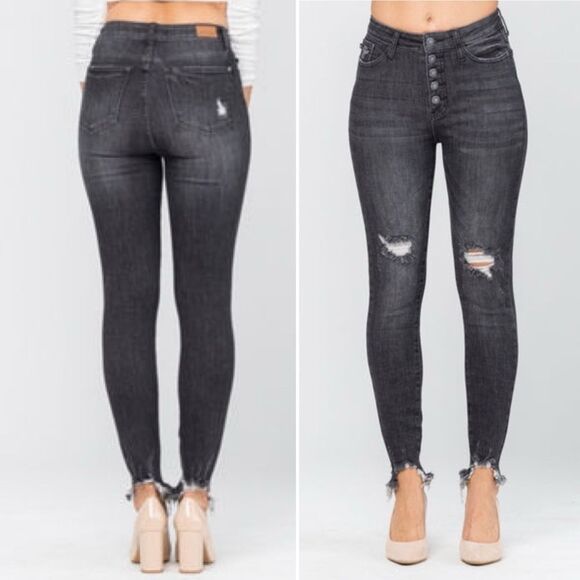 NWT Judy Blue Destroyed Button-Fly Skinny Jeans Black Wash Denim Size 14W NEW - Picture 15 of 15